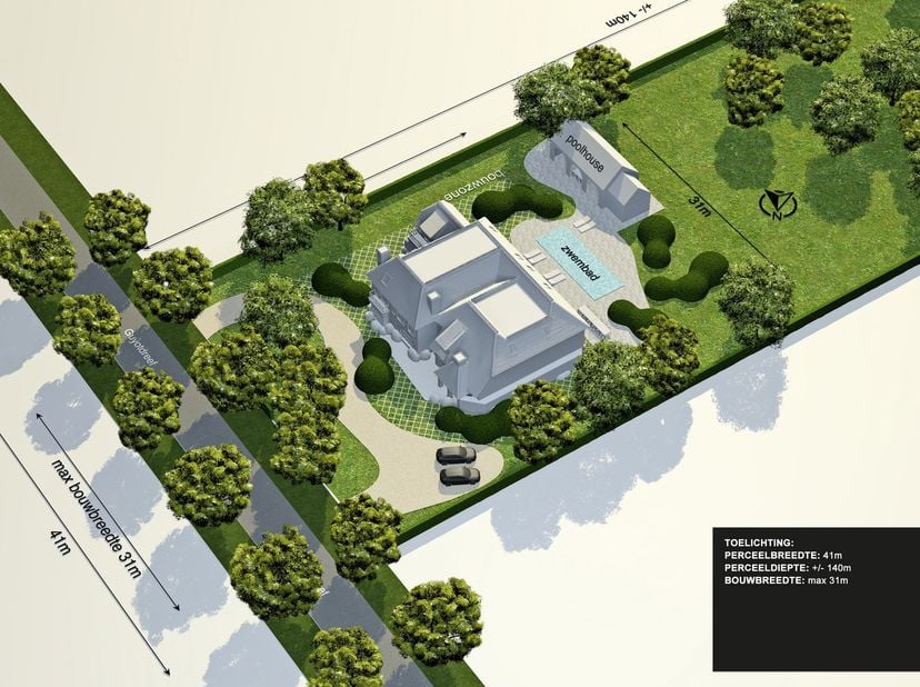 Aan achterliggend domein grenzend, nabij kasteel Mishaegen, prachtig perceel bouwgrond van ca. 5.748 m² met een frontbreedte van 41 meter en een diept