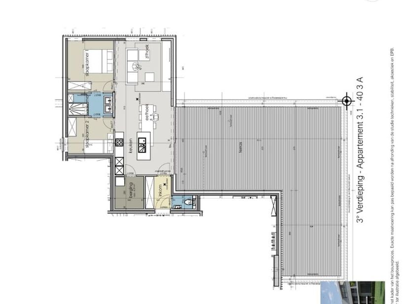 Appartement met 2 slaapkamers met zeer ruim terras (98 m²) gelegen op de derde verdieping: Inkom met gastentoilet en ruimte voor vestiaire geven toega