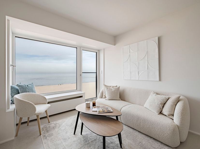 Sfeervol en lichtrijk twee slaapkamer appartement van 60 m2 met adembenemend frontaal zeezicht en terras, gelegen op de zeedijk van Knokke-Heist, nabi