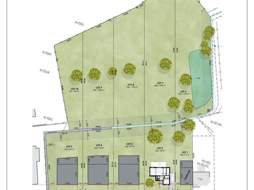 Nieuwe verkaveling in Neeroeteren aan de voormalige Melkerij bestaande uit 2 woningen op grote percelen, 3 ruime bouwgronden met vergunde plannen en a