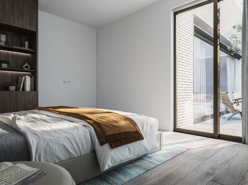 Ruim 2 slaapkamer appartement op het gelijkvloers. Voorzien van een mooie leefruimte met aansluitend terras en met zicht op de gemeenschappelijke groe