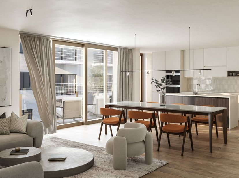 Nieuwbouw appartement in de residentie VYRT te De Panne. Het appartement omvat: inkomhal met vestiaire en apart toilet, ruime woonkamer met open keuke