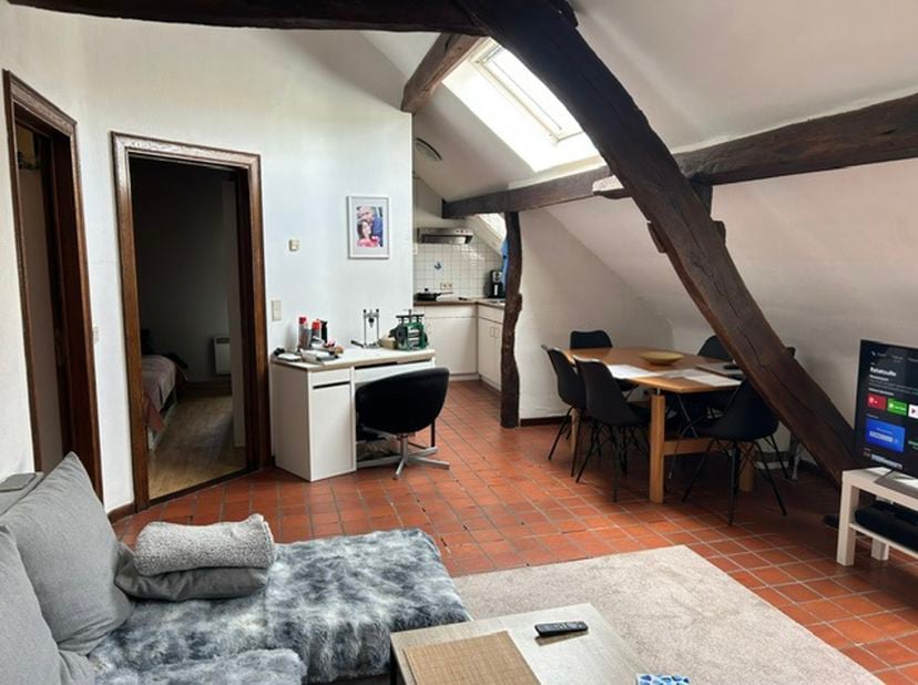 Appartement met eigen inkomdeur, ruime inkomhal en aparte berging. Trap naar boven : woonkamer met open ingerichte kookhoek, apart toilet, 1 slaapkame