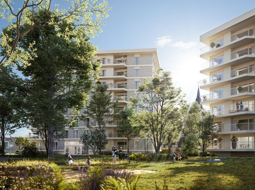 Dit tweeslaapkamer appartement van 92 m² op het gelijkvloerse verdiep beschikt over een inkomhal met plaats voor een vestiairekast, een lichtrijke eet