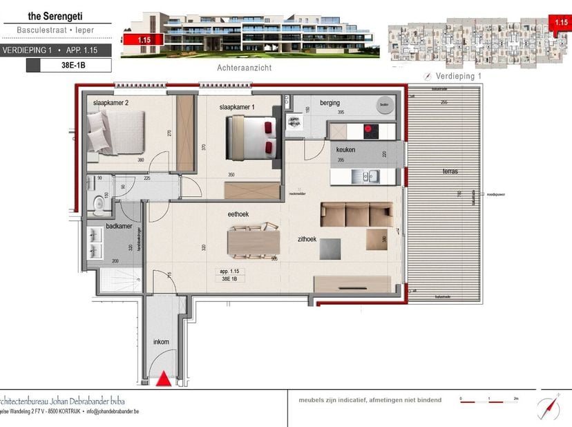 Dit appartement op de eerste verdieping biedt 92,99m² bewoonbare oppervlakte en een terras van 20,67m². Daarnaast kan er nog een garage of standplaats