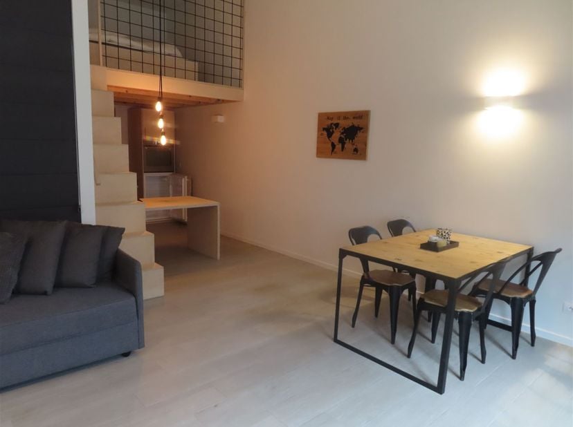 Zeer gezellige gemeubelde luxe (studenten)studio (ca 55m²) met apart slaapgedeelte op mezzanine, vlakbij de KdG Hogeschool Antwerpen Zuid. Ideaal voor