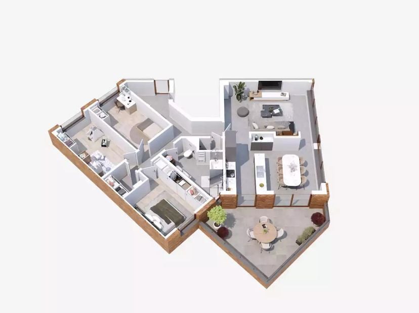 Appartement de 133m² habitables + 23m² de terrasse.<br />
Disposition : entrée, salon, cuisine, toilettes, débarras, salle de bains et 2 chambres.<br