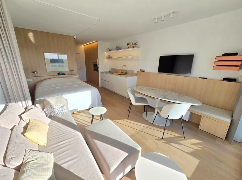 Prachtig gerenoveerde studio op de 6de verdieping van de Residentie WESTLAND te De Panne. U geniet een ligging in eerste lijn vlak aan het strand en d