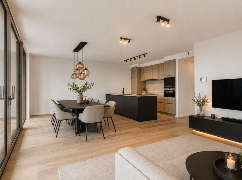 Op de 7de verdieping van residentie Pergola, in het hippe en bruisende De Nieuwe Dokken, bevindt zich dit uitzonderlijk luxueus afgewerkte appartement