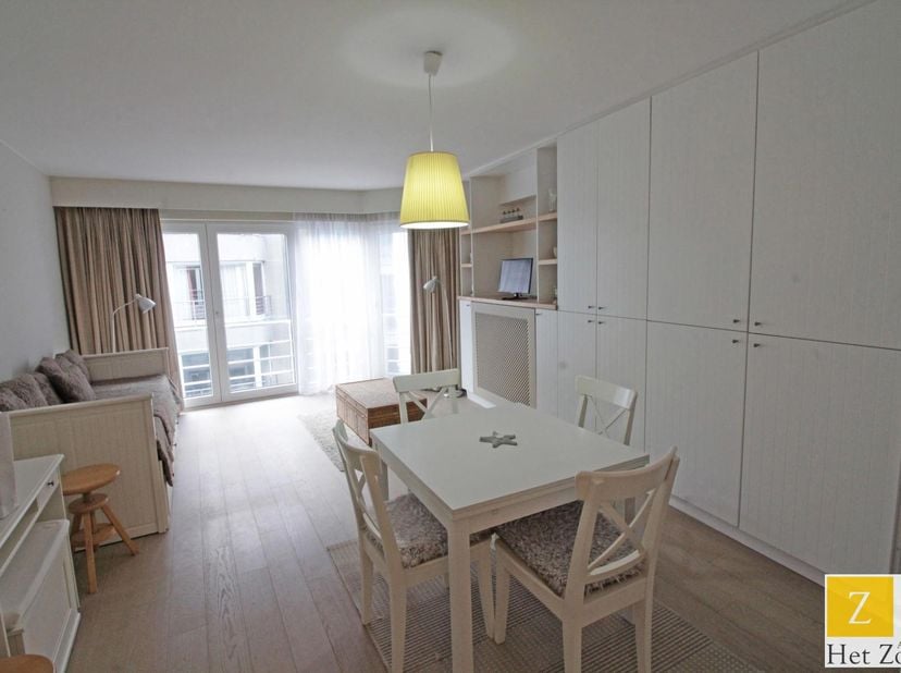 Gemeubileerd te huur op jaarbasis : Een aangenaam gemeubeld appartement met schuin zeezicht, centraal gelegen in een zijstraat op 100m van het Albertp