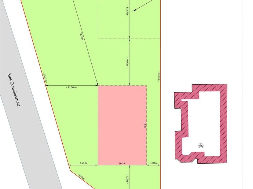 Dit ruime perceel bouwgrond van 1106m² ligt op de hoek van de Laakstraat en de Sint-Corneliusstraat. Door de grote perceelsoppervlakte in combinatie m