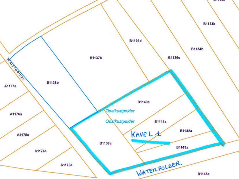 KAVEL 1: PERCEEL WEILAND - <br />
<br />
Perceel weiland, Moerkerke, Den Hoorn, nabij de Waterpolder ter plaatse genaamd "De Groene",  sectie B, numme