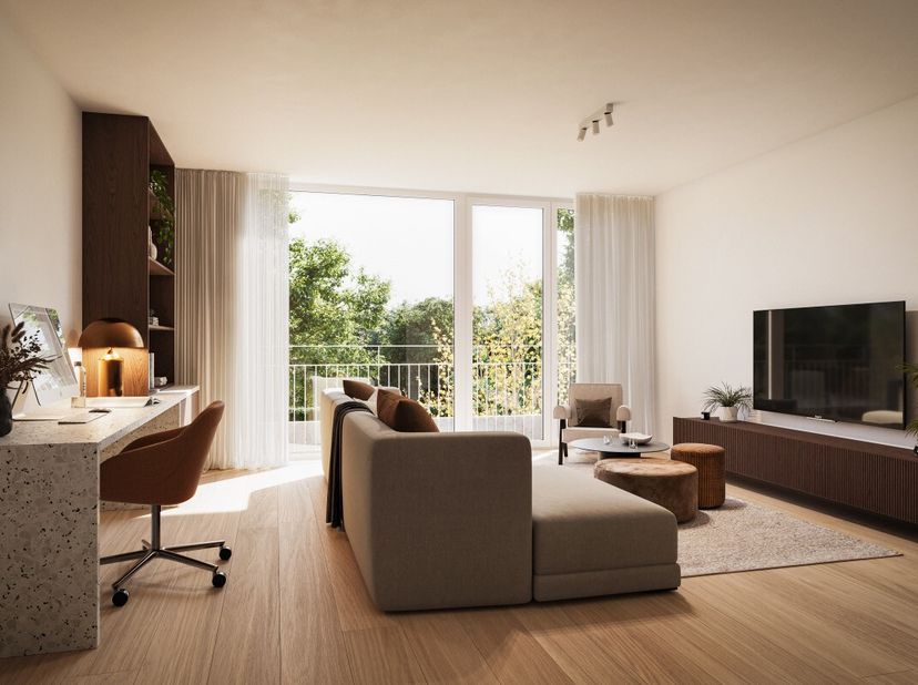 Kom binnen in dit appartement met lichtrijke leefruimte met open keuken en eetplaats. aansluitend aan de keuken is een praktische berging voorzien. De