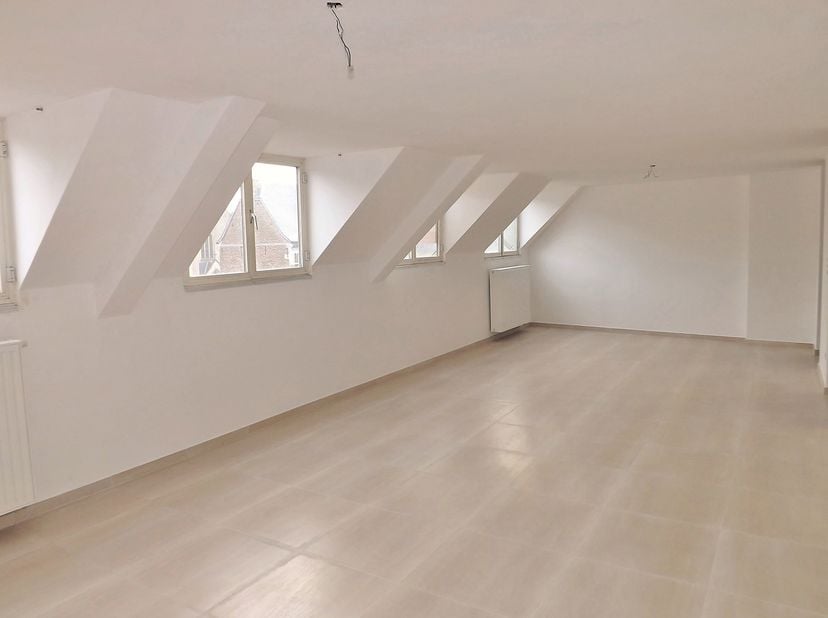 Ruim appartement (116 m²) met veel lichtinval gelegen in het centrum op de markt van Bilzen<br />
Indeling<br />
+ Inkomhal<br />
+ Grote woonkamer me