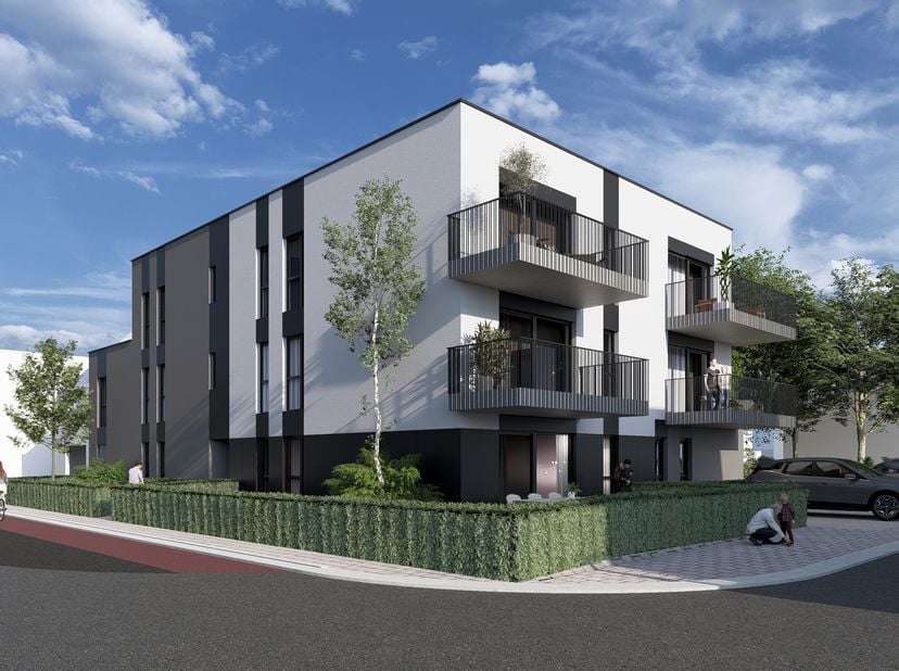 Nieuwbouwproject van 9 appartementen: dit appartement is gesitueerd op de 1e verdieping met gemeenschappelijke inkomhal. Ingedeeld met 2 slaapkamers,