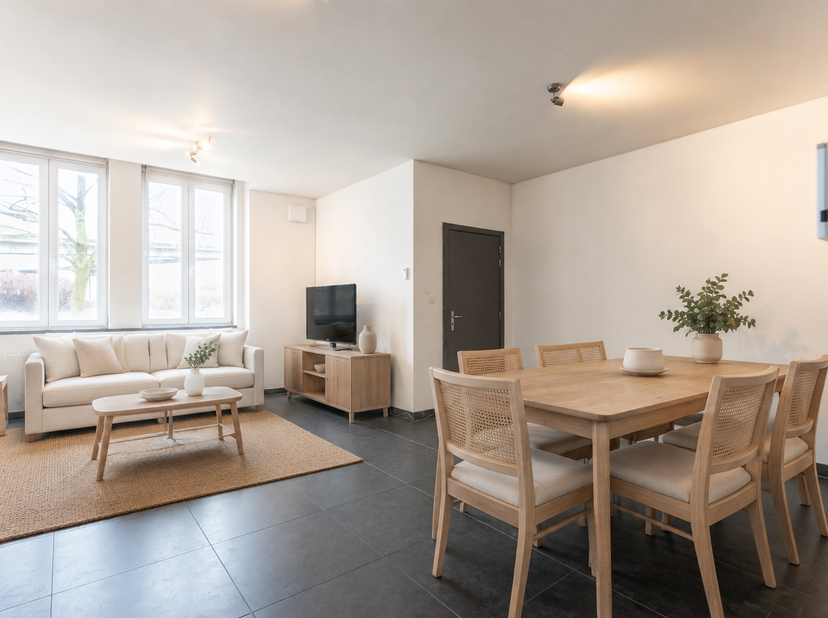 Te Ruisbroek, gegeerde deelgemeente van Sint-Pieters-Leeuw, bieden wij u dit mooie gelijkvloerse appartement met 2 slaapkamers van ±104 m² aan, met ee