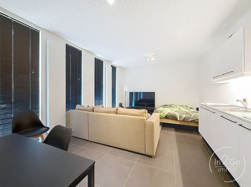 In de rustige en groene omgeving van het Leeuwerikenpark in Heverlee bevindt zich deze recente studio in een moderne nieuwbouwresidentie. De ligging c