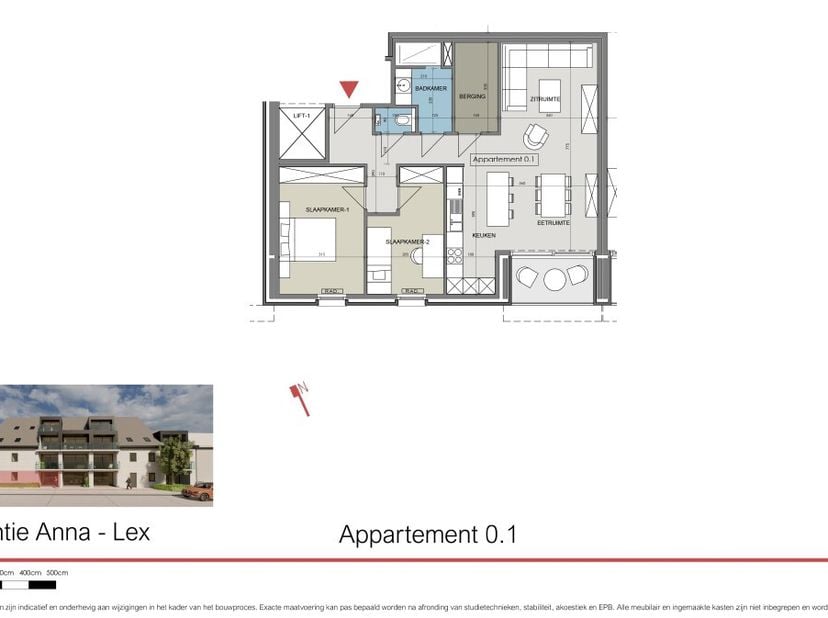 Op het gelijkvloers van nieuwbouwresidentie Anna-Lex vindt u dit 2-slaapkamer appartement met terras terug.<br />
Het appartement omvat een inkom, toi