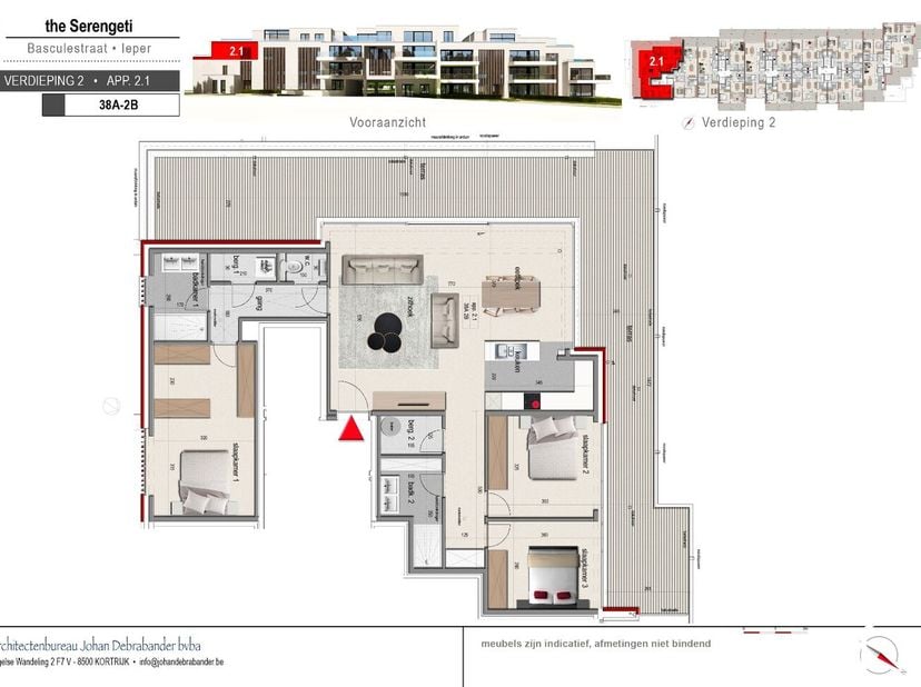 Dit appartement op de tweede verdieping biedt 130,99m² bewoonbare oppervlakte en een terras van 70,91m². Daarnaast kan er nog een garage of standplaat