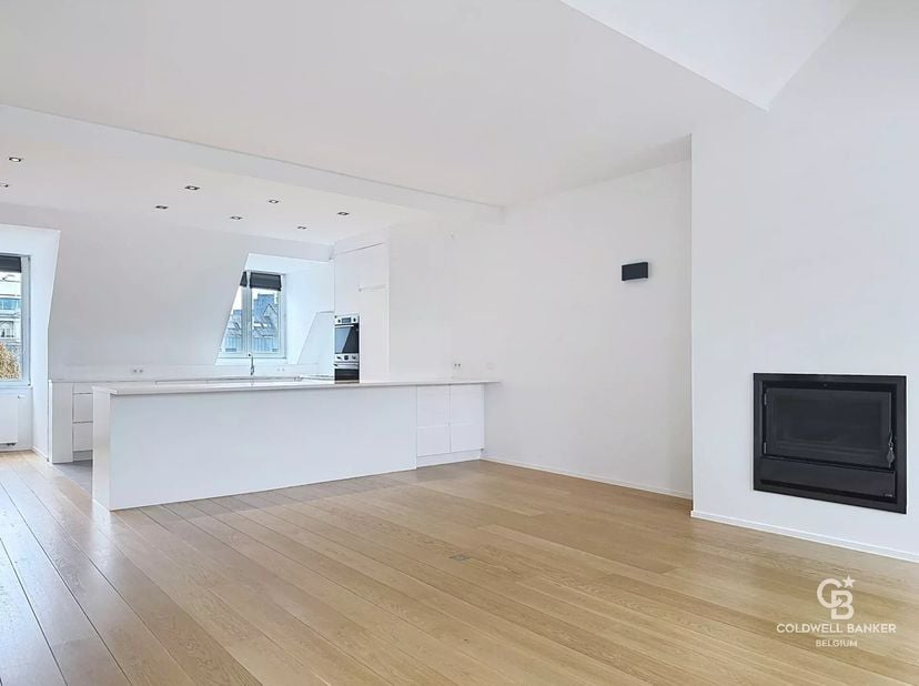 Appartement van 124 m² op de 4e en laatste verdieping, bestaande uit een inkomhal met kasten, ruime en lichte woonkamer met open haard, open ingericht