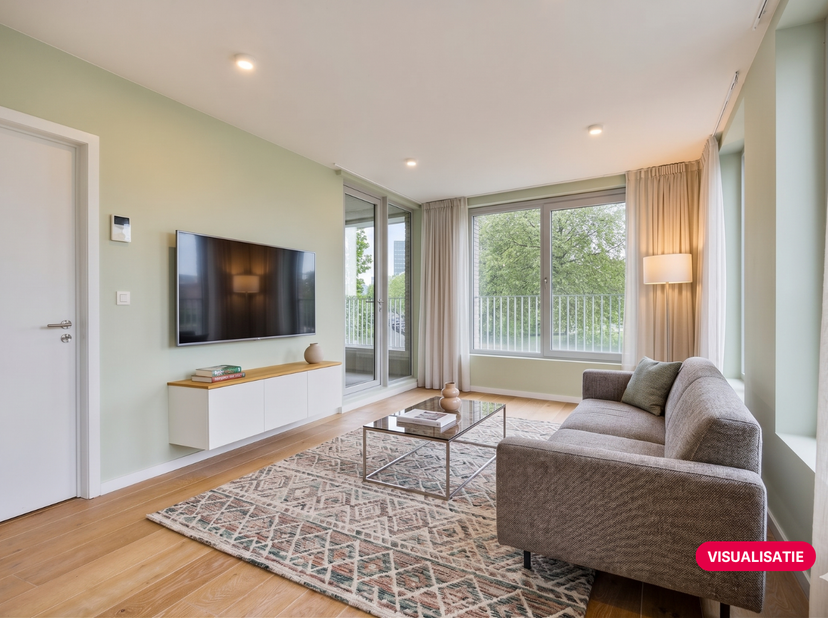 Dit 2 slaapkamer appartement van 80m² te koop bevindt zich op de eerste verdieping met uitzicht over park spoor Noord te Antwerpen. Je geniet van een