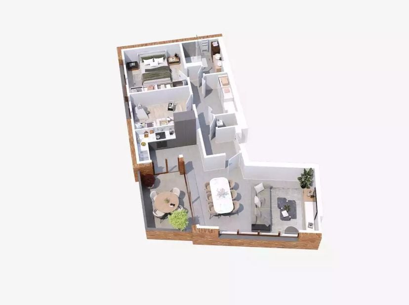 Appartement de 95m² habitables + 11m² de terrasse.<br />
Disposition : entrée, salon, cuisine, toilettes, débarras, salle de bains et 2 chambres.<br /