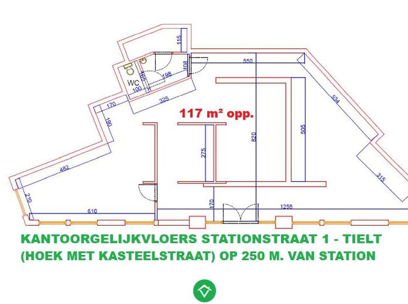 Instapklare kantoorruimte van 117 m² op gelijkvloers, hoek Kasteelstraat/Stationstraat op wandelafstand van station en van centrum. Eigen inkom met on