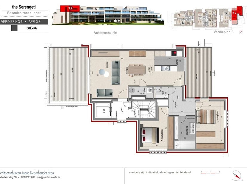 Dit appartement op de derde verdieping biedt 109,26m² bewoonbare oppervlakte en twee terrassen van 14,98m² en 22,82m². Daarnaast kan er nog een garage