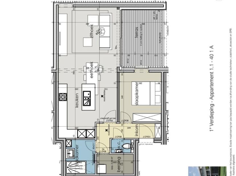 Appartement met 1 slaapkamer gelegen op de eerste verdieping: Inkom met toilet en toegang tot de berging en badkamer. Leefruimte met open ingerichte k
