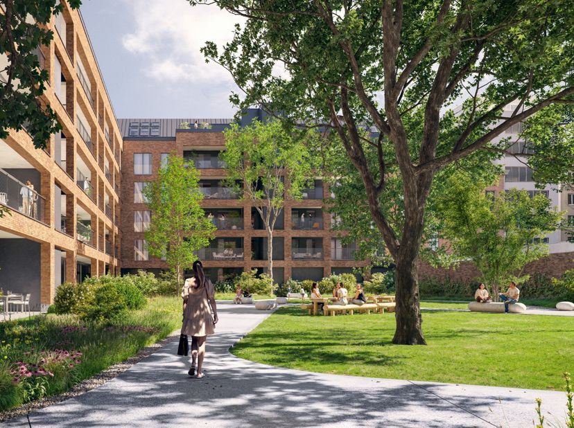 Dit zuid-gericht appartement met drie slaapkamers van 115m² beschikt over een lichtrijke eet- en leefruimte met extra hoge plafonds en een zonneterras