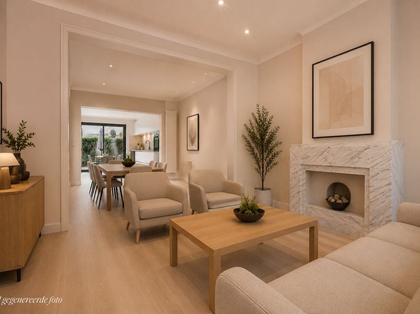 Deze charmante woning uit 1934 combineert authentieke uitstraling met een doorgedreven energetische renovatie. Indeling: Inkomhal, berging met doorgan