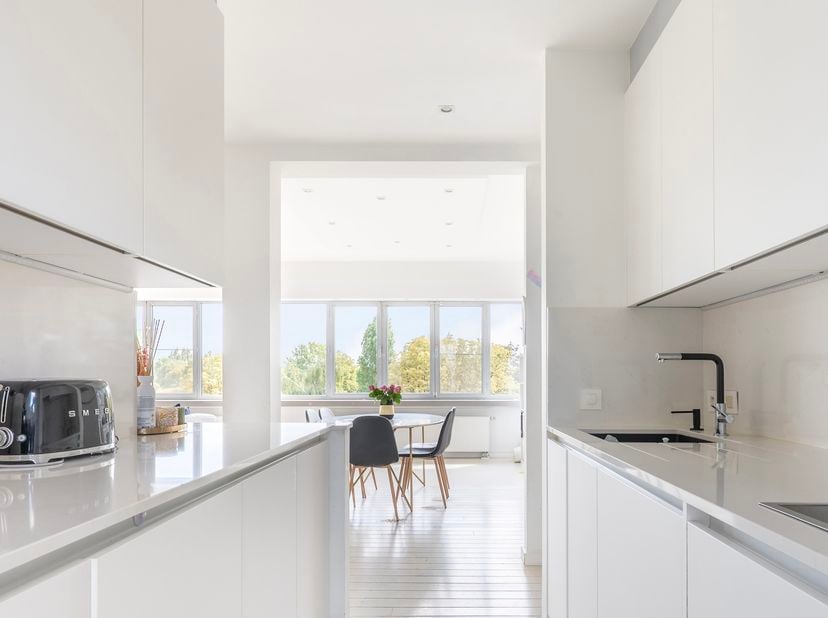 Gerenoveerd drie slaapkamer appartement met terras en weids uitzicht op het groen.<br />
<br />
Inkomhal met vestiaire en gastentoilet met handenwasse