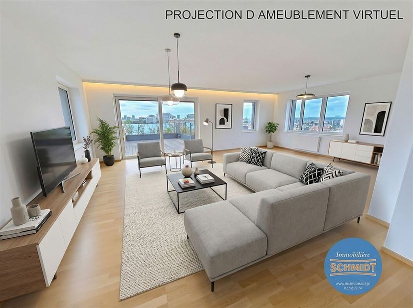 IMMOSCHMIDT  - EVERE (Quartier OTAN) SUPERBE PENTHOUSE  de 180m² comprenant un living de 50m², une cuisine super équipée,  3 chambres, 2 sdd, d'une ma
