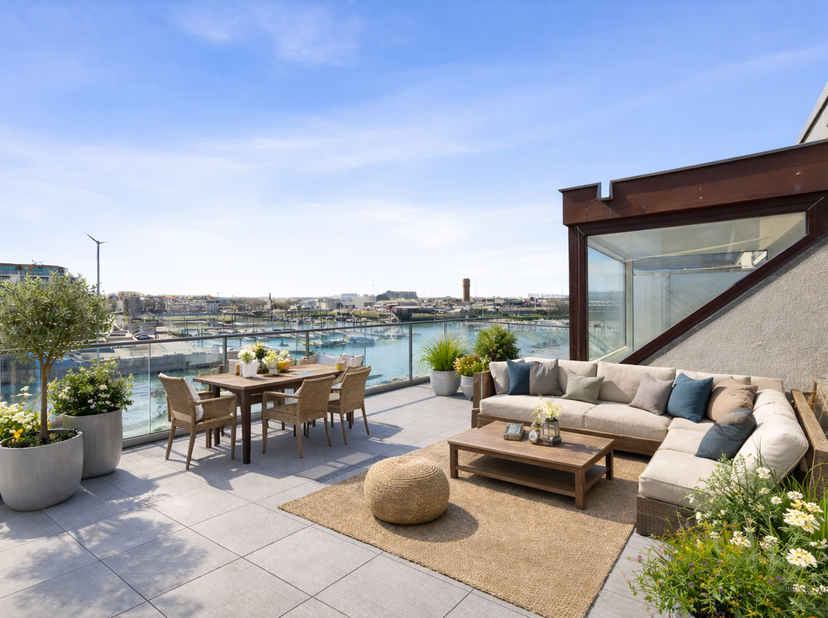 Dit stijlvolle penthouse biedt een super mooi en open zicht op de jachthaven, en beschikt over twee ruime terrassen waar u van ’s morgens tot ’s avond
