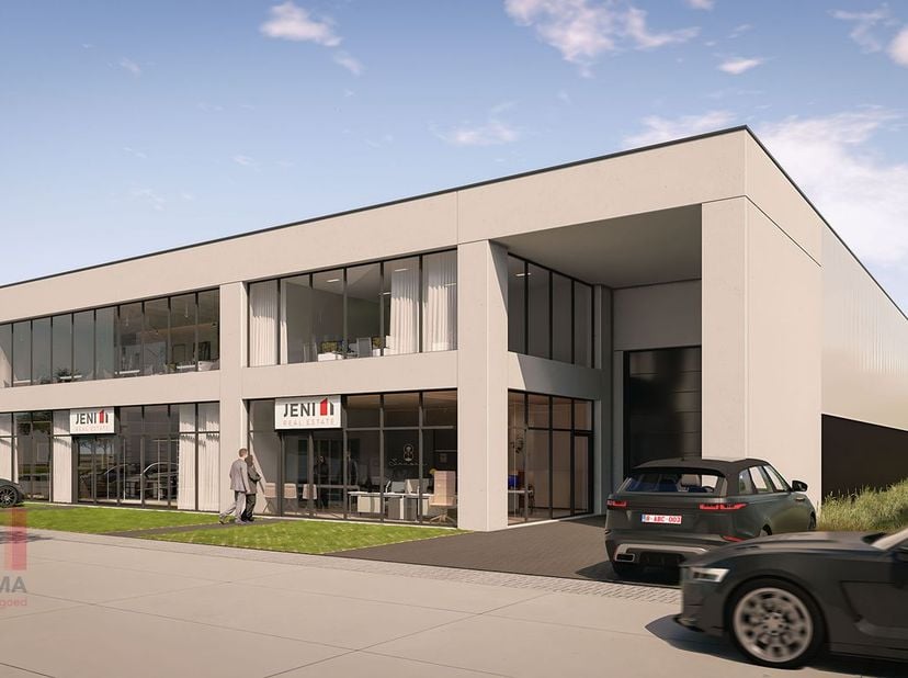 Nieuwbouw KMO-unit met een oppervlakte van 345 m² met 49 m² mezzanine en 7 privatieve parkeerplaatsen te koop.<br />
Fantastisch gelegen op amper 2 km