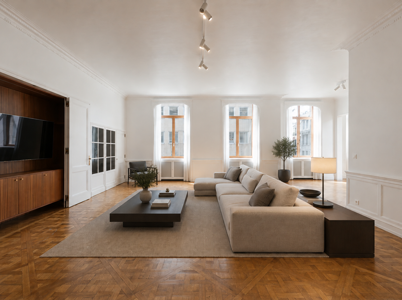 Pal in het centrum, omgeven door cultuur, winkels en gastronomie, ligt dit uitzonderlijk ruime appartement — een unieke woonst waarin luxe, comfort en