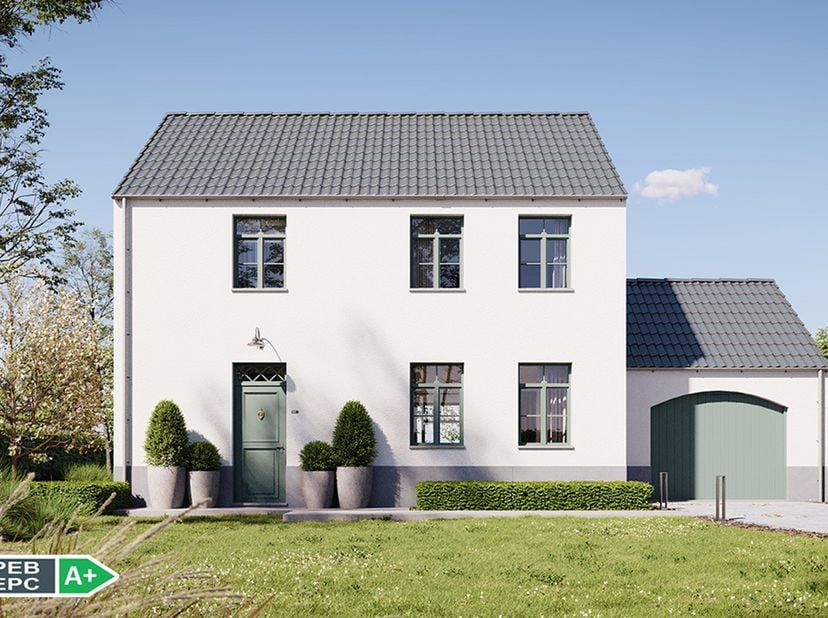 Deze zéér energiezuinige nieuwbouwwoning met energiepeil cat A kan voor u gebouwd worden volgens de meest energiezuinige norm dankzij warmtepomp (luch
