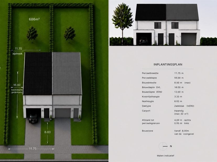 Zeer gunstig gelegen bouwgrond van 686m² gelegen te De Klinge, Ten Hogen<br />
Dit perceel biedt de mogelijkheid om een halfopen bebouwing met een bew
