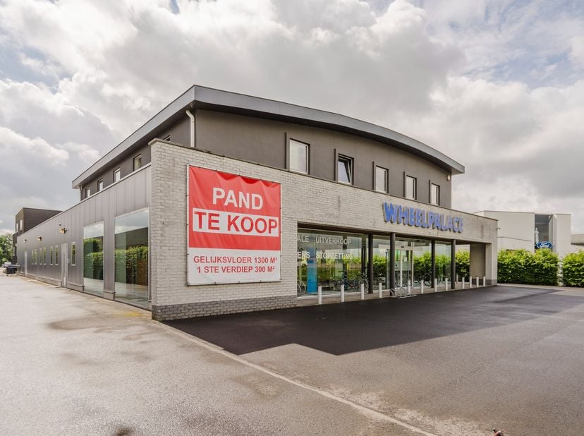 Bedrijfsgebouw (ca. 1.268m²) met woonst (ca. 252m²) op zichtlocatie langs de N60 Westerring te Oudenaarde<br />
<br />
INDELING : showroom, opslagruim