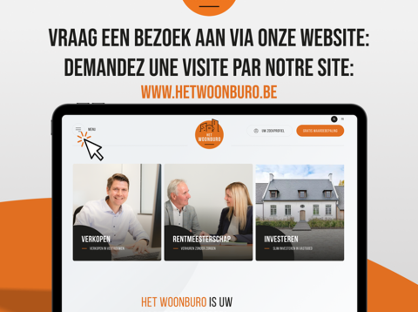 Les visites peuvent uniquement être demandées via notre site internet : www.hetwoonburo.be. Cliquez sur « Prendre rendez-vous » dans l’annonce du bien