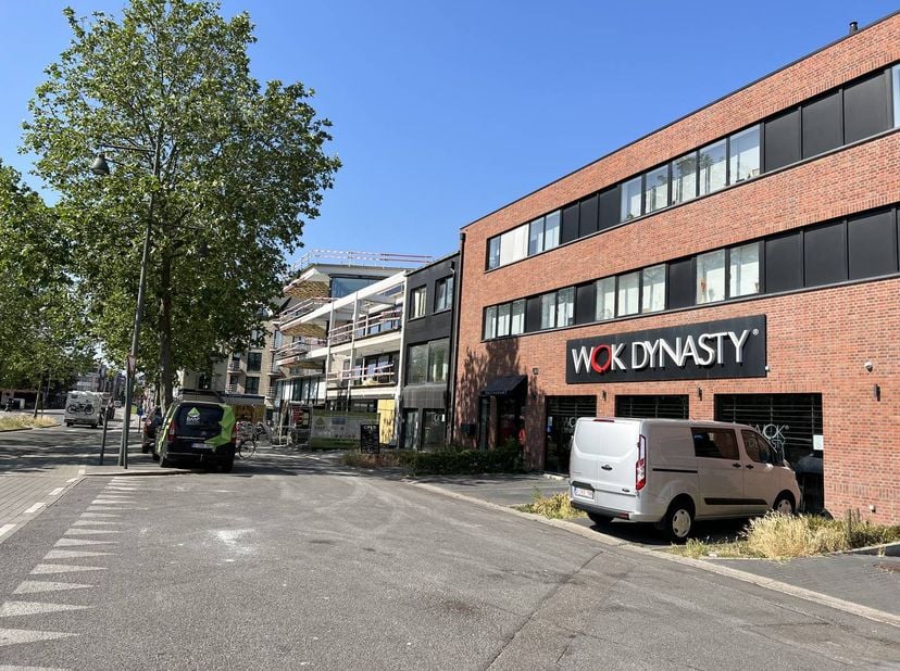 Ruim commercieel gebouw voor handel (showroom), kantoren of praktijkruimte,  met 13 ondergrondse parkings, 3 buitenparkings en 3 duplex-appartementen