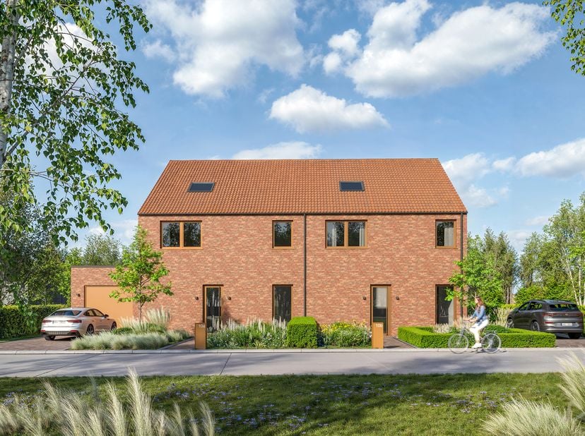 In een rustige straat in het landelijke Bierbeek wordt binnenkort deze stijlvolle halfopen nieuwbouwwoning gerealiseerd op een royaal perceel van ca.