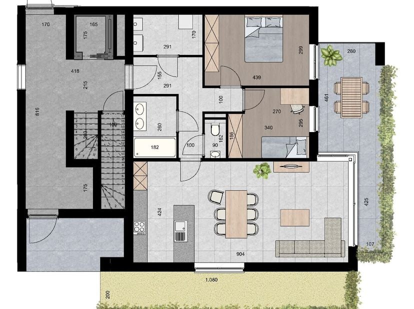 APPARTEMENT 0.3 (Gelijkvloers)<br />
- Opp. app.: 96 m²<br />
- Terras 18 m²<br />
- Tuin: 24 m²<br />
INDELING:<br />
Gemeenschappelijke trappenhal m