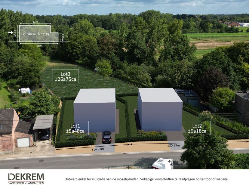 Perceel bouwgrond voor open bebouwing met een oppervlakte van ± 5a 48ca. Perceelbreedte: 14,91m. Bouwbreedte: ± 9m. Lot 1 uit een goedgekeurde verkave
