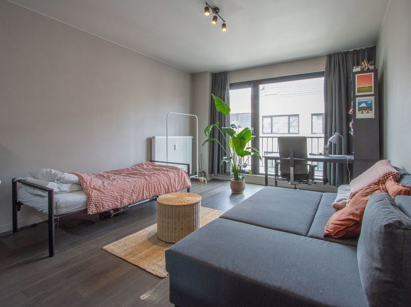 Deze moderne studio bevindt zich op de tweede verdieping van een studentenresidentie in het centrum van Leuven, doch in een vrij rustige straat. Op ko