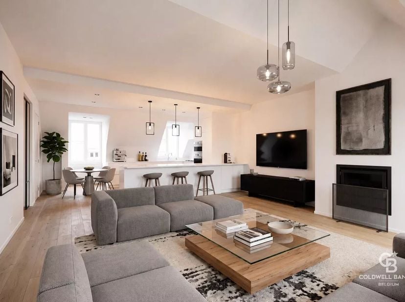 Appartement van 124 m² op de 4e en laatste verdieping, bestaande uit een inkomhal met kasten, ruime en lichte woonkamer met open haard, open ingericht
