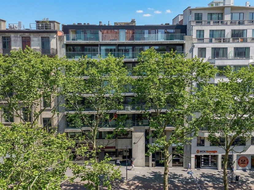 Dans l’emblématique immeuble moderniste des architectes Féron &amp; Pourbaix, superbe appartement traversant d’environ 209 m² (PEB) entièrement rénové, ba