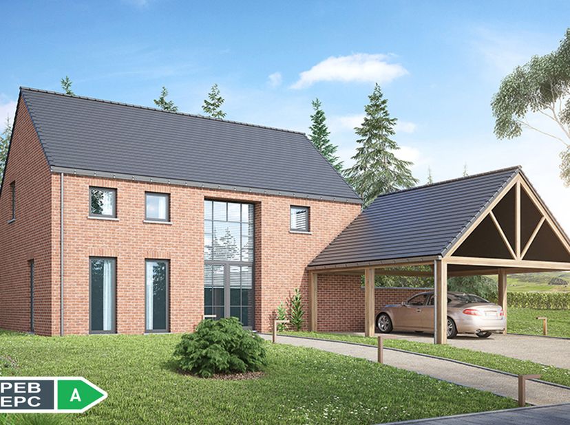 Nieuwbouw 4 gevel villa, bijna energieneutrale woning op een perceel bouwgrond van 7,4 are, landelijk gelegen. Zeer laag energiepeil E-peil categorie