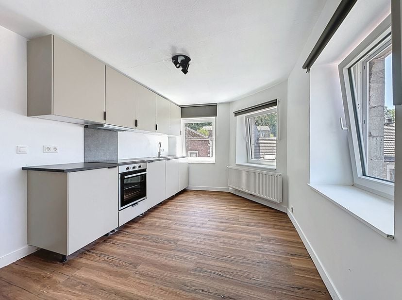 Appartement au 2ème étage de ± 78m² :<br />
- Hall de ±3m² sur parquet laminé,<br />
- Cuisine de ±14m² sur parquet laminé avec meubles de rangement,