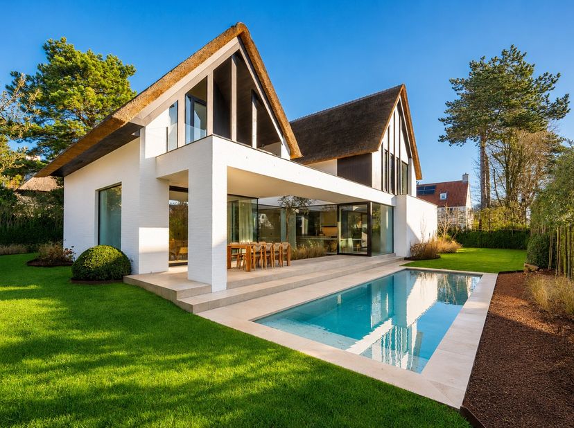 Magnifique villa neuve, idéalement située en seconde ligne dans un environnement calme à proximité du Magere Schorre et du Royal Zoute Golf. Compositi